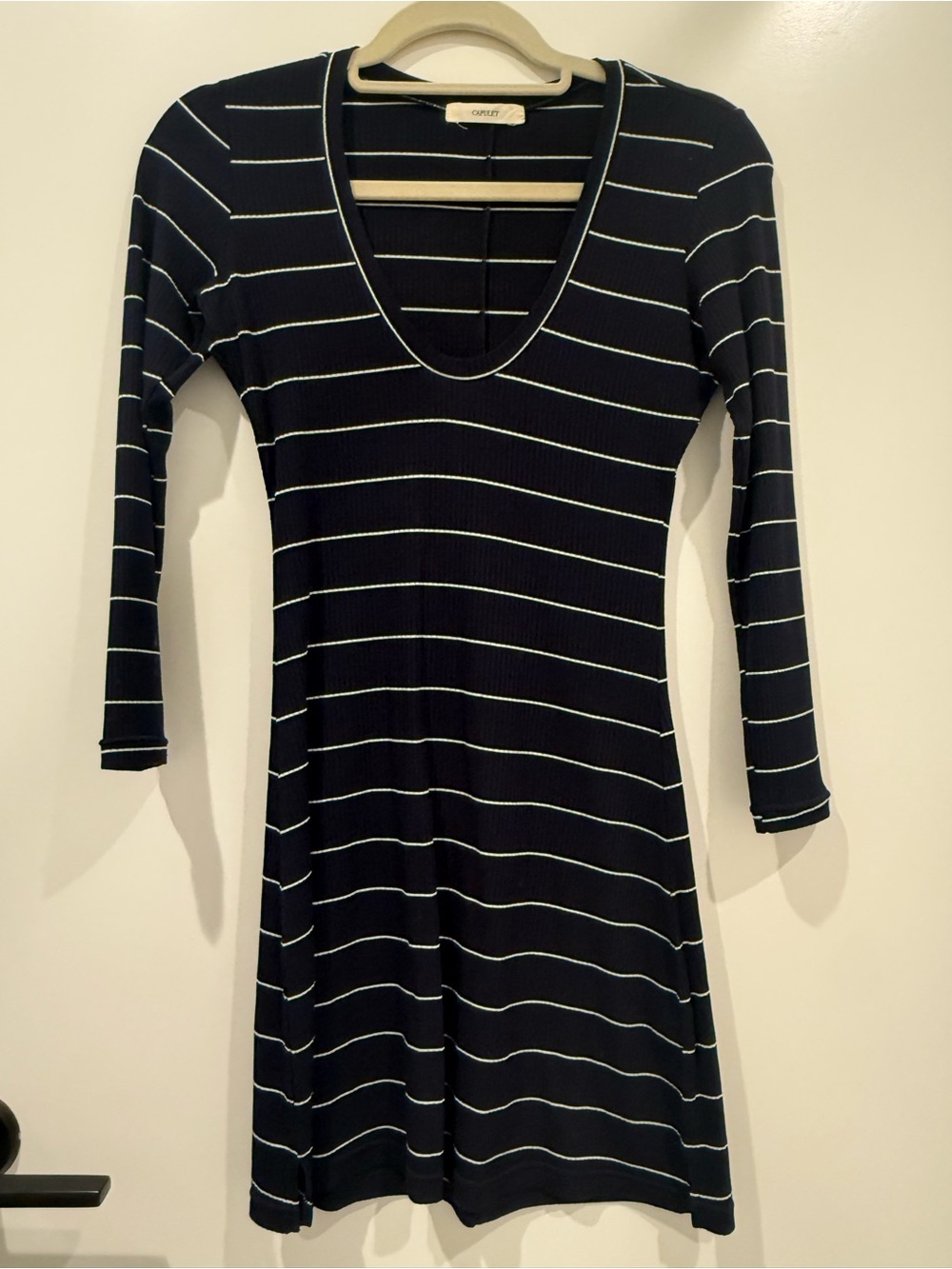 Stripede Navy Long-Sleeve Scoop Neck Dress